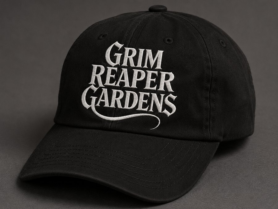 Black snapback hat embroidered with the Grim Reaper Gardens wordmark