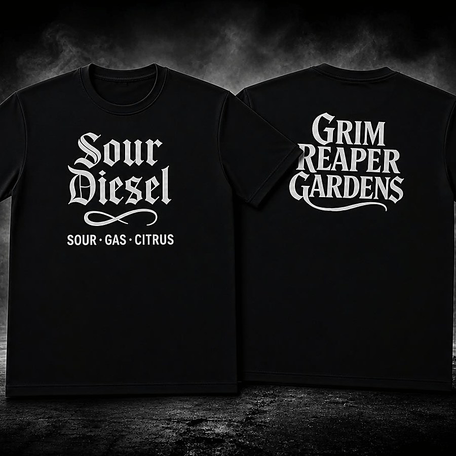 Sour Diesel tee — sour, gas, citrus — beside the Grim Reaper Gardens tee