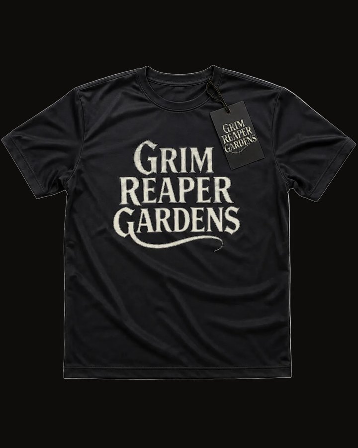 Black t-shirt printed with the Grim Reaper Gardens wordmark